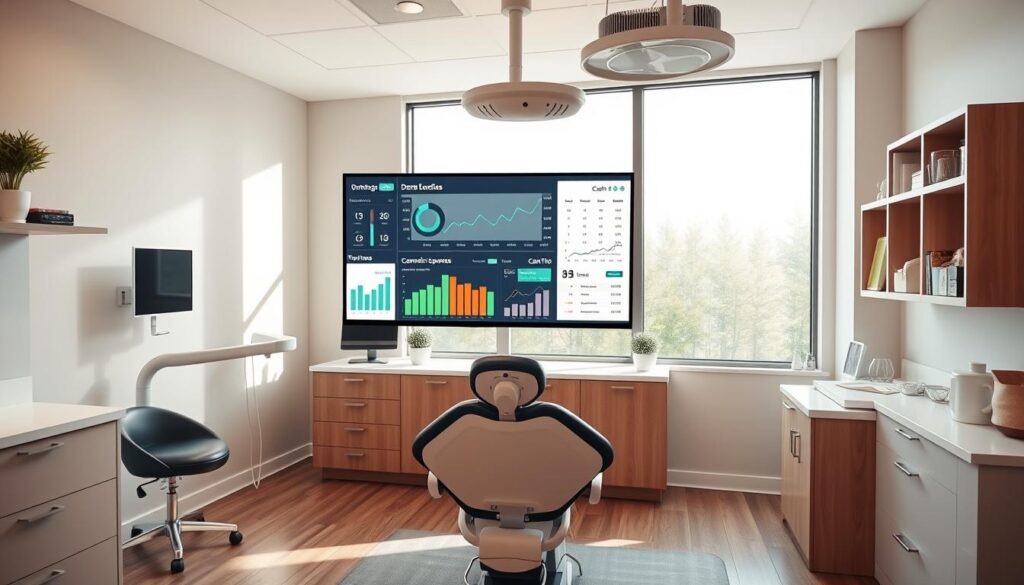 A modern, neatly organized dental office, with a well-designed financial management dashboard displayed on a large monitor. The dashboard shows detailed charts and graphs tracking revenue, expenses, and cash flow, allowing the clinic staff to have a clear and comprehensive understanding of the financial health of the business. The office has a professional, yet warm and inviting atmosphere, with natural lighting filtering in through large windows. The color palette is a harmonious blend of soothing neutrals and pops of accent colors. The overall scene conveys a sense of efficiency, control, and financial stability, reflecting the importance of effective financial management in the successful operation of a dental practice.
