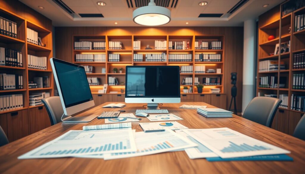 A modern office interior with a large wooden desk, a desktop computer, financial charts and documents scattered across the surface. Warm, indirect lighting illuminates the space, creating a professional and focused atmosphere. In the background, shelves filled with medical and accounting books, creating a sense of expertise and attention to detail. The overall composition conveys an efficient, organized, and financially responsible dental practice.