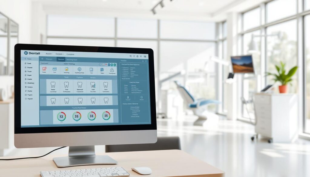 A modern, organized dental practice software interface with a clean, professional design. The foreground features a desktop computer screen displaying a comprehensive patient management system, including appointment scheduling, treatment plans, and billing information. The middle ground showcases a stylized dental chair and various medical equipment, conveying the integrated nature of the software within the clinical environment. The background depicts a bright, airy office space with large windows, allowing natural light to filter in and creating a calming, inviting atmosphere. The overall scene emphasizes the efficiency, organization, and patient-centric approach of the dental practice management software.