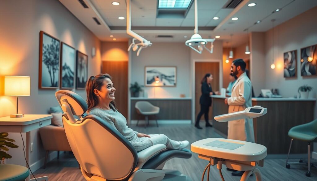 A modern, pastel-hued dental clinic interior, bathed in warm, soft lighting. In the foreground, a smiling patient sits comfortably in a sleek, ergonomic dental chair, engaged in a friendly conversation with a attentive, empathetic dentist. The middle ground showcases a cozy waiting area, with plush seating and calming artwork on the walls, creating a welcoming atmosphere. In the background, the clinic's reception desk is staffed by a helpful, approachable team, ready to assist patients with personalized care and attention to detail. An atmosphere of trust, comfort and professionalism pervades the scene, capturing the essence of effective patient retention strategies in a modern dental practice.