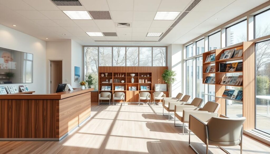 A modern, professional dental clinic interior with a spacious, well-organized reception area. The room is filled with natural light streaming through large windows, creating a bright and airy atmosphere. The reception desk is made of sleek, polished wood, and a warm, inviting color palette of neutral tones and natural accents predominates. The waiting area features comfortable, ergonomic chairs arranged in a welcoming layout. Patients can browse through educational materials and magazines on dental health and wellness displayed on stylish shelves. The overall design conveys a sense of professionalism, efficiency, and patient-centric care, reflecting the importance of effective clinic management.