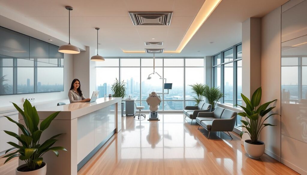 A modern, professional dental clinic interior with a warm, welcoming ambiance. The foreground features a reception desk with a friendly staff member, flanked by lush indoor plants and a sleek, minimalist design. The middle ground showcases state-of-the-art dental equipment and a comfortable waiting area with plush seating. The background depicts large windows overlooking a scenic cityscape, bathing the space in natural light. The overall atmosphere conveys a sense of trust, expertise, and patient-centric care, capturing the essence of a successful, ideal dental practice.