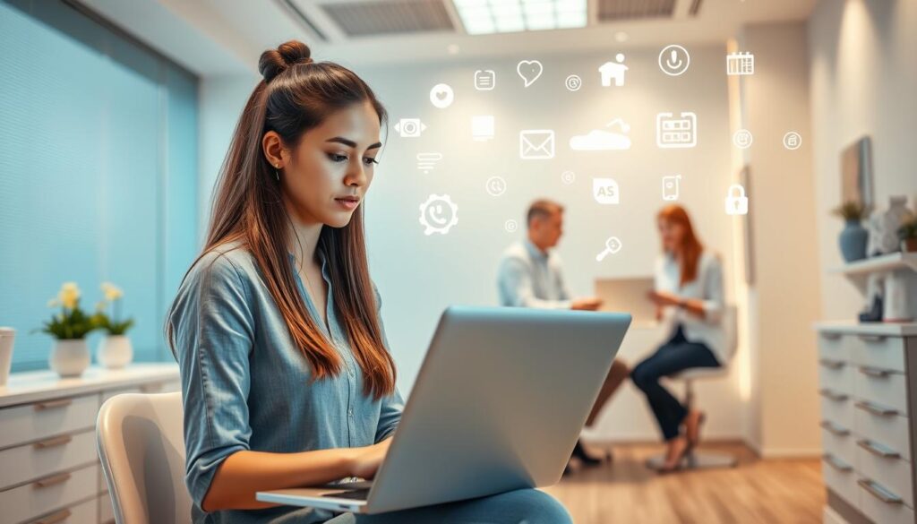 A modern, professional dental clinic with a clean, inviting atmosphere. In the foreground, a young woman sitting at a laptop, intently focused on her screen, representing online patient engagement strategies. Behind her, a team of dental professionals collaborating on a marketing plan, illuminated by soft, directional lighting. In the background, various digital marketing icons and symbols float ethereally, suggesting the integration of online tactics. The overall scene conveys a sense of technological innovation, patient-centric approach, and a forward-thinking dental practice dedicated to attracting and serving patients in the digital age.