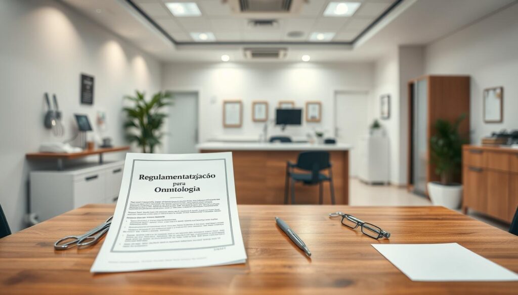 A modern, professional dental clinic with a warm, welcoming atmosphere. In the foreground, an official-looking document titled "Regulamentações CFO para Odontologia" is prominently displayed on a polished wooden desk, surrounded by carefully arranged dental tools and instruments. The middle ground features a panoramic view of the clinic's interior, with clean, minimalist design elements and neutral color tones creating a sense of balance and order. The background subtly hints at the clinic's commitment to ethical, regulatory-compliant marketing practices, with subtle visual cues like plaques or certificates on the walls. The overall composition conveys a sense of authority, credibility, and attention to detail in the field of dental marketing.