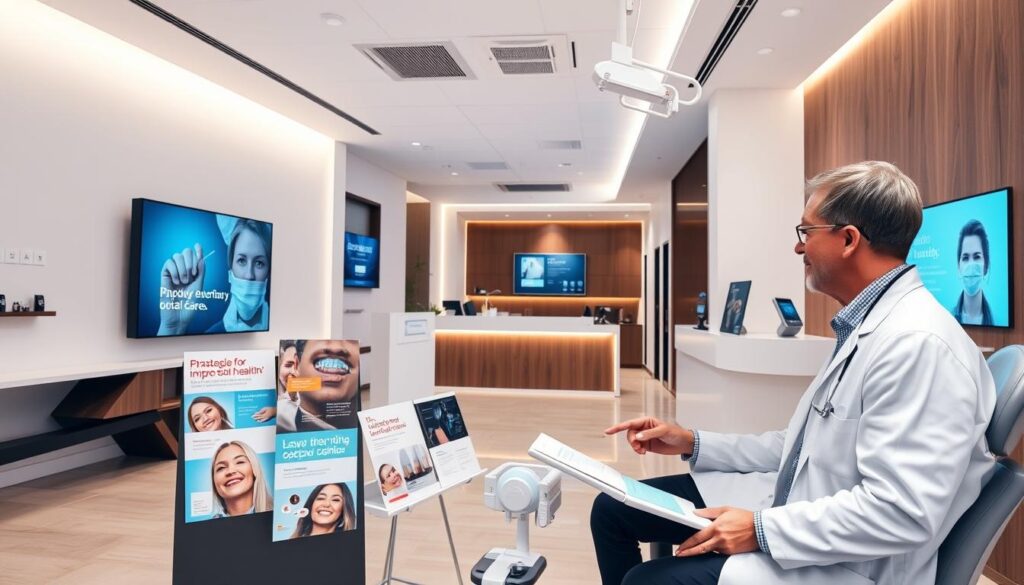 A modern, professional dental clinic with sleek, minimalist interior design. In the foreground, a dentist consults with a patient, discussing strategies to improve their oral health. The middle ground showcases various marketing materials, such as brochures, patient education displays, and a digital screen showcasing the clinic's services. The background features a clean, well-lit reception area with a warm, inviting ambiance. The lighting is soft and diffused, creating a calming atmosphere. The overall scene conveys a sense of trust, expertise, and a commitment to patient-centric dental care.