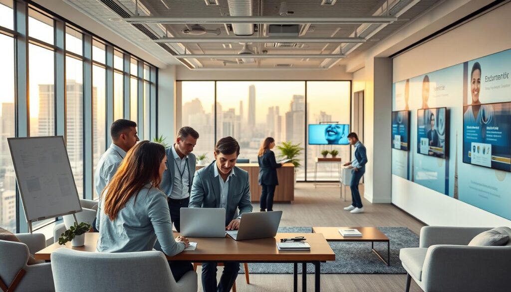 A modern, professional dental marketing agency office setting. In the foreground, a team of diverse marketing experts collaborating on a project, using laptops and whiteboards. In the middle ground, a reception area with sleek furnishings and digital displays showcasing dental services. The background features floor-to-ceiling windows overlooking an urban skyline, bathed in warm, natural lighting. The overall atmosphere conveys efficiency, innovation, and a focus on elevating the dental practice's brand and patient experience. The scene should feel polished, dynamic, and aspirational, reflecting the value of outsourcing dental marketing to a specialized agency.