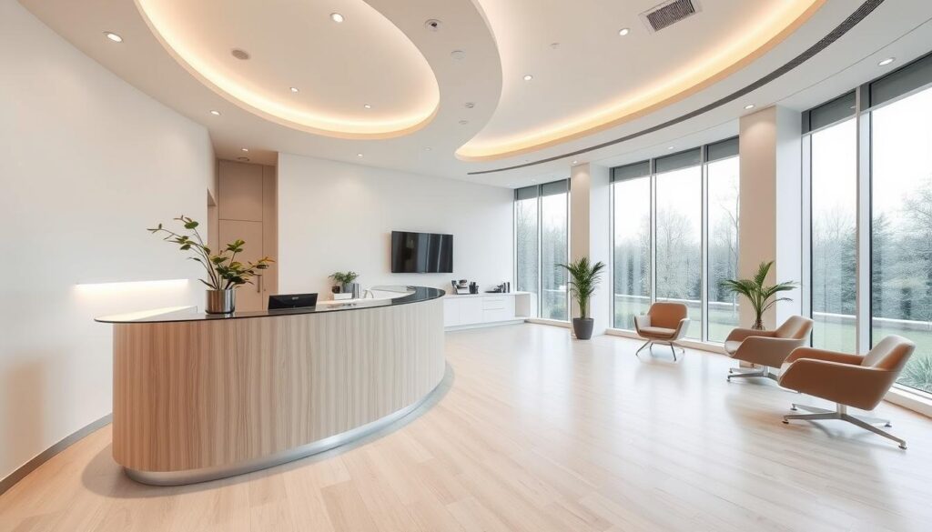 A modern, professional dental office interior with sleek, minimalist design. The foreground features a large, curved reception desk made of light-colored wood and glass, with a minimalist potted plant. The middle ground showcases a clean, uncluttered waiting area with plush, modern chairs in muted tones. The background reveals floor-to-ceiling windows, allowing natural light to flood the space and creating a sense of openness and tranquility. The lighting is a combination of subtle recessed fixtures and warm, indirect task lighting. The overall aesthetic conveys a calming, high-quality experience befitting a premier dental practice.