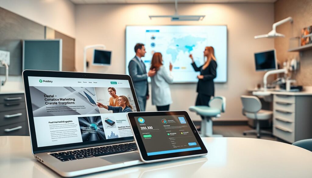 A modern, professional dental office setting with digital marketing elements prominently displayed. In the foreground, a laptop showcases a sleek website design with engaging content and calls-to-action. On the desk, a tablet displays analytics and social media engagement metrics. Strategically positioned in the middle ground, a team of dental professionals collaborates, discussing digital marketing strategies on a large, interactive whiteboard. The background features high-tech equipment, dental chairs, and a warm, inviting atmosphere that reflects the clinic's commitment to cutting-edge patient care and digital outreach.