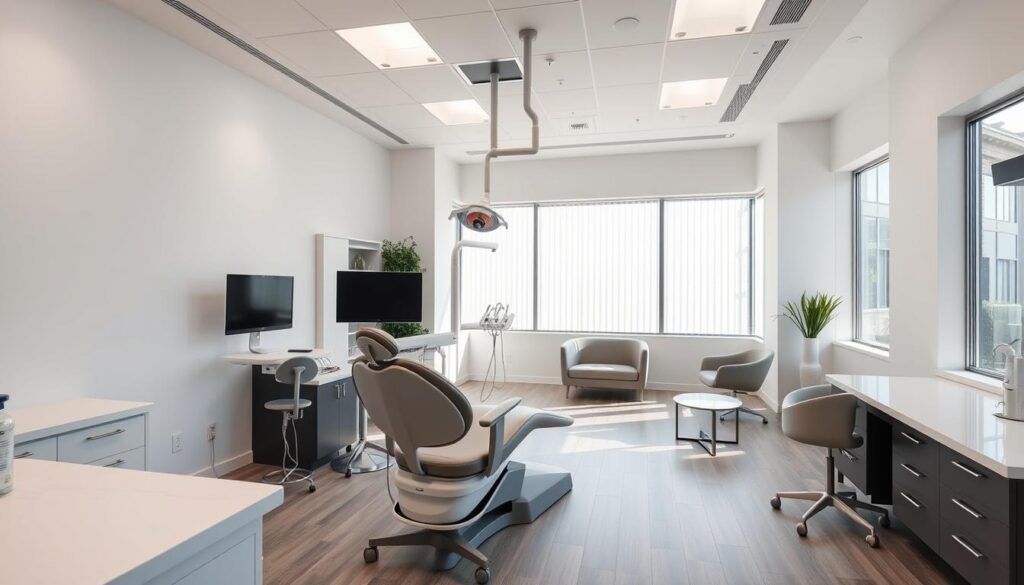 A modern, professional dental office with a clean, minimalist interior design. The foreground features a dentist's workstation with state-of-the-art equipment, including a high-tech dental chair, a computer, and various dental tools. The middle ground showcases a patient's waiting area with comfortable seating, sleek furniture, and subtle branding elements like a logo or signage. The background depicts large windows allowing natural light to flood the space, creating a warm and inviting atmosphere. The overall scene conveys a sense of trust, innovation, and exceptional patient care, reflecting the essence of effective dental marketing.