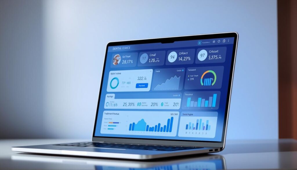 A modern, professional-looking data analytics dashboard for dental clinics, displayed on a sleek, minimalist laptop or tablet screen. The dashboard features a clean, organized layout with charts, graphs, and key performance indicators relevant to dental practice management, such as patient volume, appointment bookings, treatment revenue, and customer satisfaction metrics. The screen is bathed in cool, neutral lighting, with a subtle gradient background that evokes a sense of technological sophistication. The overall mood is one of efficiency, clarity, and data-driven decision making - essential elements for optimizing the operations and profitability of a dental practice.