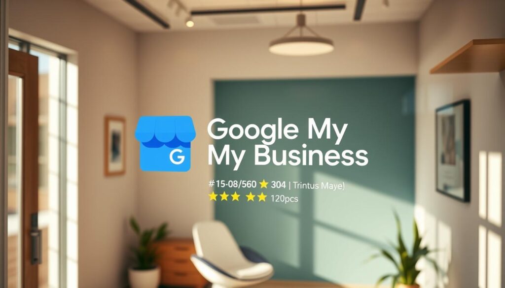 A modern, professional-looking dental clinic interior with a prominent Google My Business window display. The room has a warm, welcoming atmosphere with natural lighting streaming through large windows. The Google My Business logo is prominently featured on a sleek, minimalist display, showcasing key business information and ratings. The clinic's branding and decor elements seamlessly integrate with the Google My Business display, creating a cohesive and visually appealing scene. The overall composition highlights the importance of optimizing one's Google My Business presence for effective dental practice marketing.