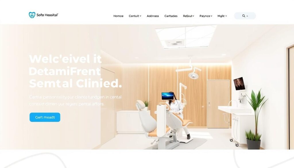 A modern, professional-looking dental clinic website with a clean, minimalist design. The homepage features a prominent hero section showcasing the clinic's services and branding, set against a soft, natural background. The middle section displays high-quality images of the clinic's interior, equipment, and staff, conveying a sense of expertise and care. The background features subtle patterns or textures that complement the overall aesthetic. The lighting is bright and even, creating a warm, welcoming atmosphere. The camera angles capture the space elegantly, highlighting the clinic's attention to detail and commitment to patient comfort.