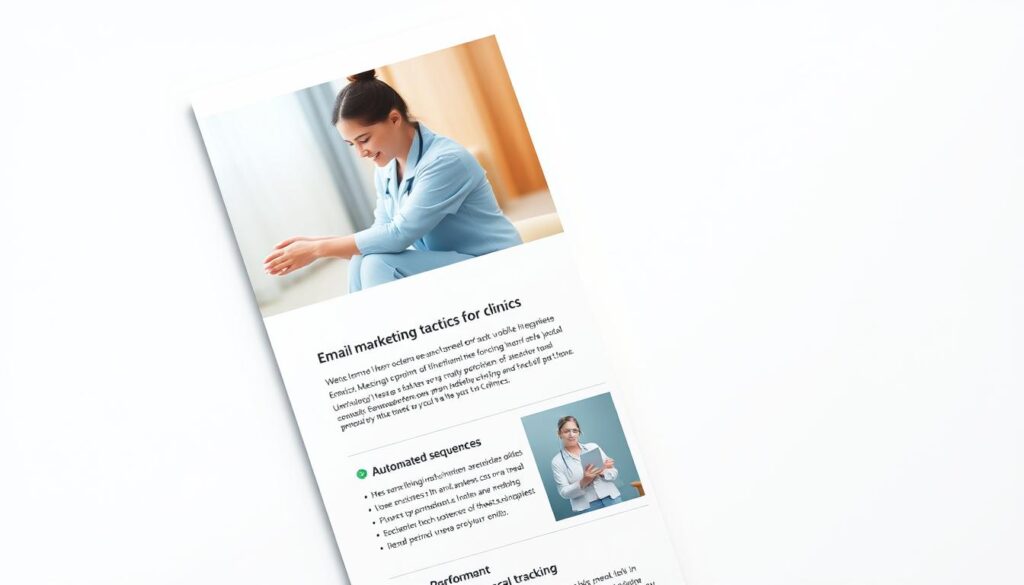 A modern, professional-looking e-mail newsletter with a clean, minimalist design. The header features a warm, inviting image of a doctor or nurse interacting with a patient, conveying the medical/healthcare theme. The body of the e-mail includes well-structured content blocks highlighting key information about e-mail marketing tactics for clinics, such as personalization, automated sequences, and performance tracking. The layout utilizes a balanced grid system, elegant typography, and a soothing color palette of blues and greens to create a trustworthy, authoritative aesthetic. A subtle drop shadow and soft lighting from the side add depth and dimension to the overall composition.