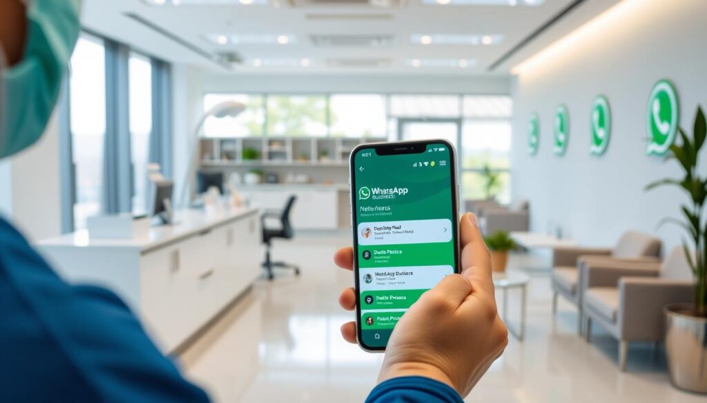 A modern, professional-looking healthcare clinic office with bright, clean interior. In the foreground, a healthcare worker is using a smartphone with the WhatsApp Business app open, showcasing its features for dental practices. The middle ground features a reception desk, medical equipment, and waiting area with comfortable seating. The background has floor-to-ceiling windows allowing natural light to fill the space, creating a warm, welcoming atmosphere. The overall scene conveys the efficiency, organization, and patient-centric approach of a dental clinic leveraging WhatsApp Business to improve communication and service.