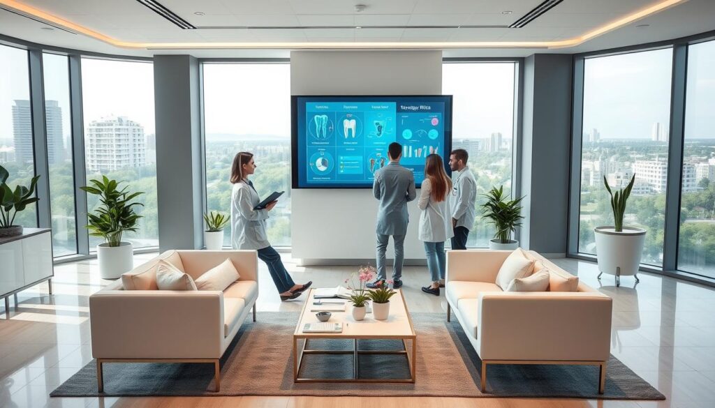 A modern, professional medical office setting with a focus on strategic planning for dental clinics. In the foreground, a team of dental professionals reviewing documents and discussing concepts on a large, interactive touchscreen display. The middle ground features sleek, minimalist furniture and decor, creating a calm, organized atmosphere. In the background, floor-to-ceiling windows provide ample natural lighting, overlooking a serene urban landscape. The scene conveys a sense of thoughtful collaboration, innovation, and a commitment to delivering exceptional patient care through effective strategic planning.