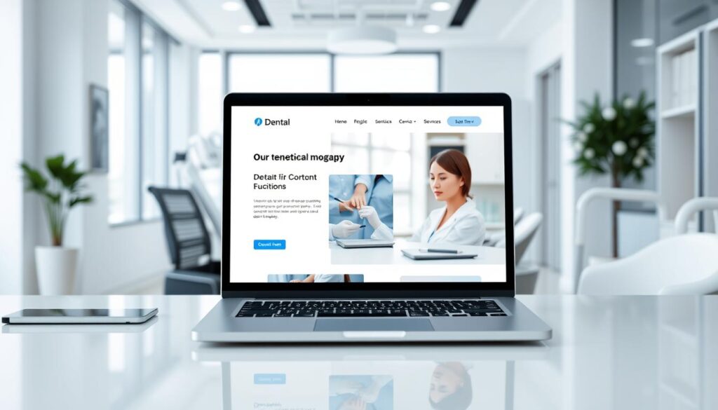 A modern, professional website for dental clinics, featuring a clean and minimalist design. In the foreground, a sleek laptop display showcases a well-organized and user-friendly interface, with intuitive navigation and high-quality imagery of dental procedures and services. The middle ground shows a stylish, ergonomic desk setup, with a tablet, pen, and other office accessories, conveying a sense of efficiency and attention to detail. The background depicts a bright, airy medical office setting, with large windows letting in natural light and suggesting a soothing, calming atmosphere for patients. The overall mood is one of professionalism, innovation, and patient-centric care, perfectly capturing the essence of a cutting-edge dental clinic website.