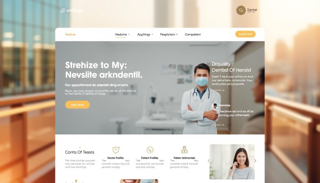 A modern, responsive dental clinic website with a clean, minimalist design. The homepage features a large hero section showcasing the clinic's services and values, with high-quality imagery of dentists, equipment, and inviting interiors. In the middle ground, a user-friendly navigation menu allows easy access to key information like appointment booking, doctor profiles, and patient testimonials. The background depicts a blurred cityscape, hinting at the clinic's urban, professional setting. Warm lighting and a calming color palette evoke a sense of trust and comfort. The overall composition conveys a seamless, mobile-optimized digital experience tailored to the needs of discerning dental patients.