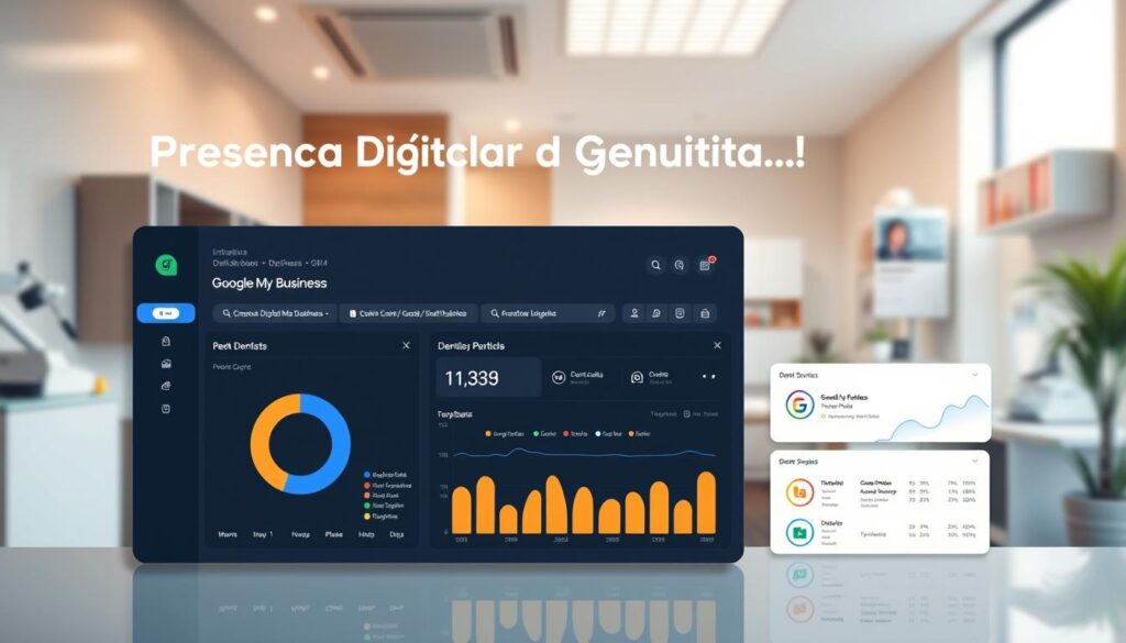 A modern, sleek business dashboard with a focus on Google My Business for dentists. The layout features a large, high-resolution image of a dentist's office in the background, with an intuitive interface in the foreground showcasing key metrics and information relevant to dental practices. The design is clean, minimalist, and optimized for easy navigation, reflecting the "Presença Digital Básica e Gratuita" theme. Warm, natural lighting illuminates the scene, creating a professional, trustworthy atmosphere. The overall composition emphasizes the power of a strong online presence and the benefits of leveraging free digital tools for dentists.