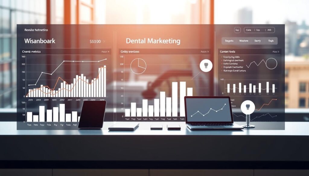 A modern, sleek data visualization dashboard depicting key dental marketing metrics. The foreground shows a series of interactive charts and graphs, with clean lines and a minimalist aesthetic. The middle ground features an array of mobile devices, laptops, and other digital tools, signifying the importance of technology in modern dental marketing. The background is a soft, blurred cityscape, hinting at the broader business landscape in which these metrics are situated. The lighting is bright and natural, creating a sense of clarity and transparency. The overall tone is professional, data-driven, and forward-thinking, reflecting the subject matter of measuring the success of dental marketing efforts.