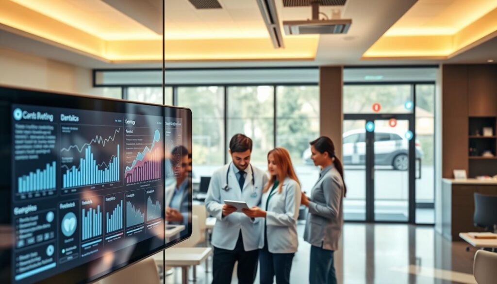 A modern, sleek dental clinic interior with a focus on digital marketing. A large touch screen display prominently featured in the foreground, showcasing analytics and social media engagement metrics. The middle ground features a team of dental professionals collaborating around a tablet device, strategizing digital campaigns. The background subtly depicts various digital devices and communication channels - laptops, smartphones, and social media icons. Warm, natural lighting filters through large windows, creating a welcoming, professional atmosphere. The overall scene conveys a thriving, tech-savvy dental practice leveraging digital tools to connect with and serve its patients.