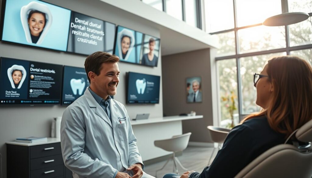 A modern, sleek dental clinic interior with large windows letting in natural light. In the foreground, a dentist speaking animatedly to a patient, their expressions engaged and attentive. On the walls, digital displays showcase dental treatments, patient testimonials, and branding. In the background, a reception area with stylish furniture and a prominently displayed social media feed. The overall atmosphere is professional yet welcoming, reflecting the latest trends in dental marketing and patient experience.