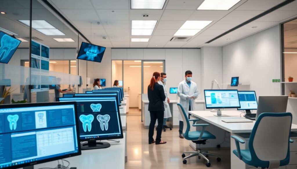 A modern, sleek dental clinic office with a variety of software and digital tools displayed on desktops, tablets, and screens. The foreground showcases a range of dental practice management applications, patient record systems, and imaging software. The middle ground features dentists and staff utilizing these digital tools seamlessly, communicating and collaborating. In the background, a clean, minimalist office design with natural lighting, calming colors, and efficient workflow. The overall atmosphere conveys professionalism, innovation, and a technologically advanced dental practice poised for the future.