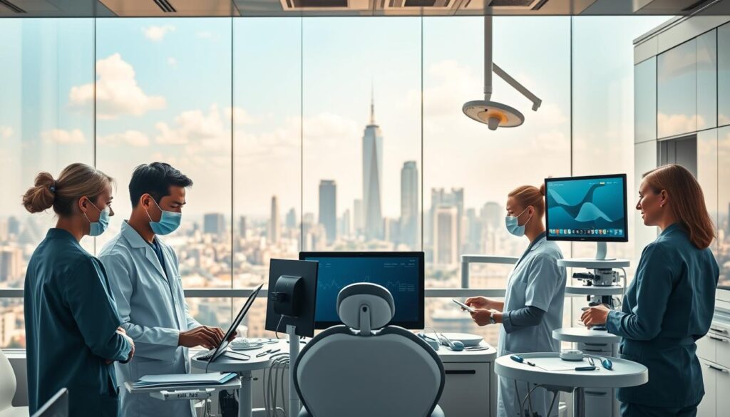 A modern, sleek dental clinic set against a vibrant, sun-drenched cityscape. In the foreground, a team of dentists and staff efficiently managing patient records, scheduling, and billing on a series of high-tech displays. The middle ground showcases state-of-the-art dental equipment and instruments, gleaming under soft, diffused lighting. In the background, the bustling city skyline reflects the clinic's commitment to progressive, patient-centric dental care. An atmosphere of professionalism, innovation, and patient well-being pervades the scene, highlighting the tangible benefits of effective dental practice management.