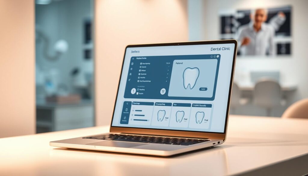 A modern, sleek dental clinic software interface displayed on a laptop screen, showcasing features like patient management, appointment scheduling, and digital records. The screen is softly illuminated by warm, indirect lighting, creating a professional and inviting atmosphere. The laptop is positioned on a minimalist, white desk, with geometric shapes and clean lines reflecting the software's intuitive design. In the background, subtle blurred images of dental equipment and tools suggest the real-world applications of the software. The overall scene conveys the idea of streamlining and enhancing dental practice management through the integration of advanced technology.