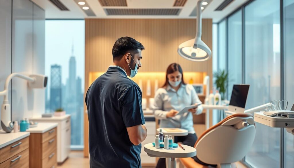 A modern, sleek dental clinic with a warm, inviting atmosphere. In the foreground, a dental practitioner consults with a patient, showcasing dental care solutions. The middle ground features various dental products and equipment, meticulously arranged to highlight the clinic's comprehensive services. The background depicts a stylized cityscape, suggesting the clinic's urban, professional setting. Soft, natural lighting illuminates the scene, creating a sense of professionalism and attention to detail. The overall composition conveys the clinic's expertise in delivering effective, personalized dental marketing solutions.