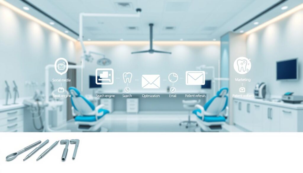 A modern, sleek dental clinic with various marketing strategies showcased through visual icons and illustrations. In the foreground, dental tools, patient chairs, and exam equipment are neatly arranged, conveying a professional and high-quality medical setting. The middle ground features a series of graphical icons representing different marketing channels, such as social media, email, search engine optimization, and patient referrals. The background depicts a clean, minimalist office environment with subtle branding elements and a calming, blue-toned color palette. The overall scene should strike a balance between the clinical aspects of dentistry and the strategic marketing approaches suitable for a dental practice.