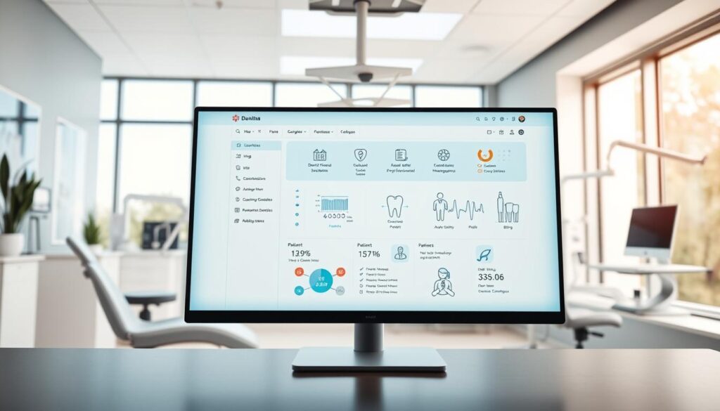 A modern, sleek dental office management software interface displayed on a large desktop monitor. The foreground shows a clean, minimalist user interface with intuitive icons and controls for patient data management, appointment scheduling, and billing. The middle ground features healthcare-themed illustrations and infographics highlighting the software's key features. The background depicts a bright, airy dental clinic setting with large windows, natural lighting, and a serene atmosphere. The overall impression conveys efficiency, professionalism, and a focus on patient-centric care.