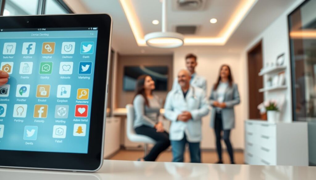 A modern, sleek dental office with digital marketing strategies prominently displayed. In the foreground, a tablet showcases various social media platforms and online marketing tools. The middle ground features a group of smiling patients interacting with a dentist and staff, highlighting the personalized care and patient experience. In the background, a clean, minimalist interior design with warm lighting creates a calming, professional atmosphere. The overall scene conveys the intersection of advanced digital marketing and high-quality, patient-centric dental services.