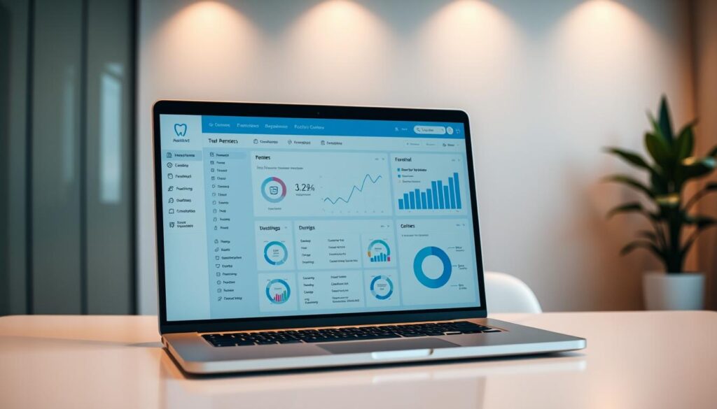 A modern, sleek dental software application displayed on a laptop against a minimalist office background. The interface features clean lines, intuitive menus, and data visualization elements like charts and graphs. Warm, indirect lighting casts a soft glow, creating a professional, reassuring atmosphere. The laptop is positioned at a slight angle, suggesting user interaction and engagement with the software. The overall scene conveys the benefits of a well-designed, efficient dental practice management system.
