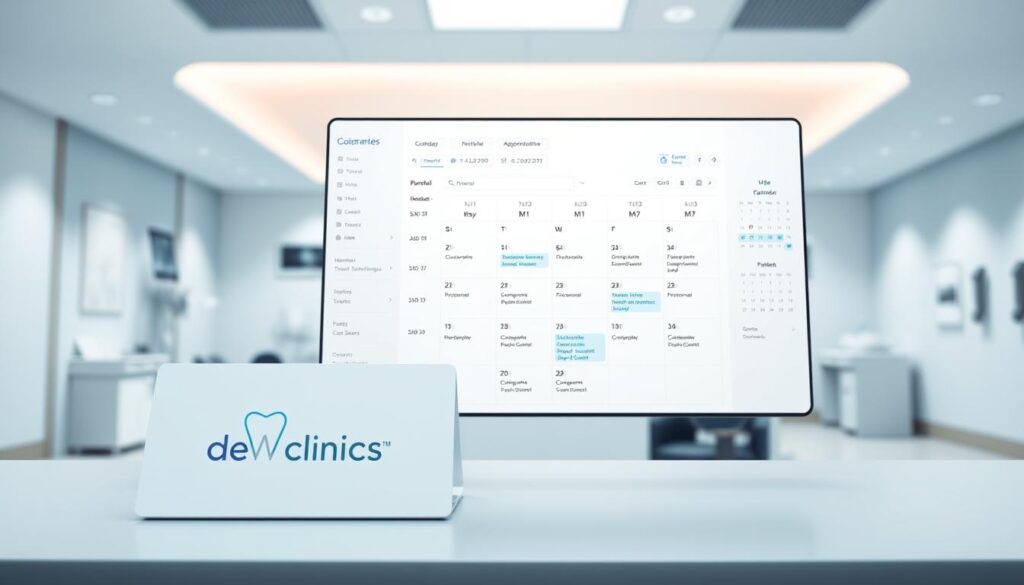 A modern, sleek digital calendar for a dental clinic, with a clean user interface showcasing appointment slots, patient information, and scheduling tools. The foreground displays the clinic's branding and logo, while the middle ground features a responsive calendar view with intuitive navigation. The background subtly depicts the clinic's professional ambiance, with implied medical equipment and a soothing color palette. Soft, directional lighting illuminates the scene, creating a sense of efficiency and organization. The overall atmosphere conveys a tech-savvy, patient-centric dental practice dedicated to streamlining its operations through digital means.