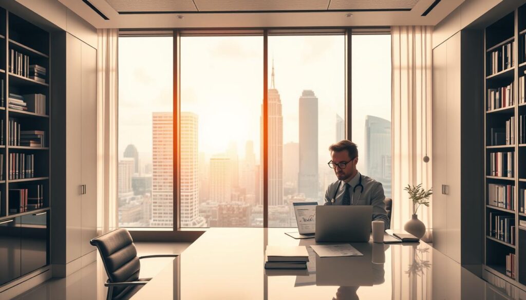 A modern, sophisticated financial office with a sleek, minimalist design. In the foreground, a dentist sits at a desk, reviewing financial statements and calculations on a laptop screen. The middle ground features a large window overlooking a bustling city skyline, bathed in warm, diffused natural light. In the background, bookshelves line the walls, filled with financial and business management volumes. The overall atmosphere conveys a sense of professionalism, success, and the financial advantages of digital marketing for dentists.