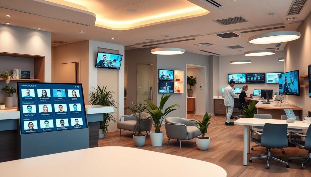 A modern, stylish dental clinic interior with an emphasis on digital marketing elements. The foreground features a receptionist desk with a large touchscreen display showcasing social media profiles, online appointment booking, and patient education resources. The middle ground has a waiting area with comfortable chairs, potted plants, and wall-mounted screens displaying testimonials and promotional videos. The background reveals an open-concept workspace with dentists and staff collaborating on digital marketing strategies, analyzing website analytics, and creating engaging content for the clinic's online channels. Warm, inviting lighting, clean lines, and a neutral color palette convey a professional, technology-driven atmosphere.