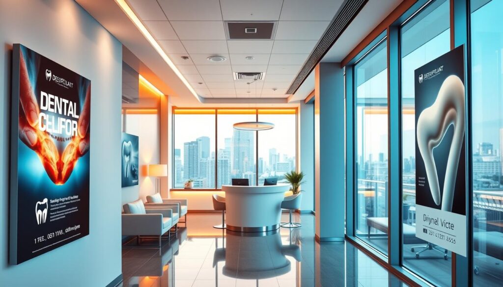 A modern, stylish dental office with a clean, inviting atmosphere. In the foreground, a series of dental-themed advertisements are displayed on the walls, featuring vibrant colors, sleek typography, and captivating imagery that highlight the clinic's services and expertise. The middle ground showcases a reception area with a warm, welcoming ambiance, complete with comfortable seating and an elegant front desk. In the background, a view of the city skyline can be seen through large, floor-to-ceiling windows, creating a sense of urban sophistication. The lighting is warm and inviting, casting a gentle glow over the entire scene. The overall composition conveys a sense of professionalism, quality, and attention to detail that would be expected of a high-end dental practice.