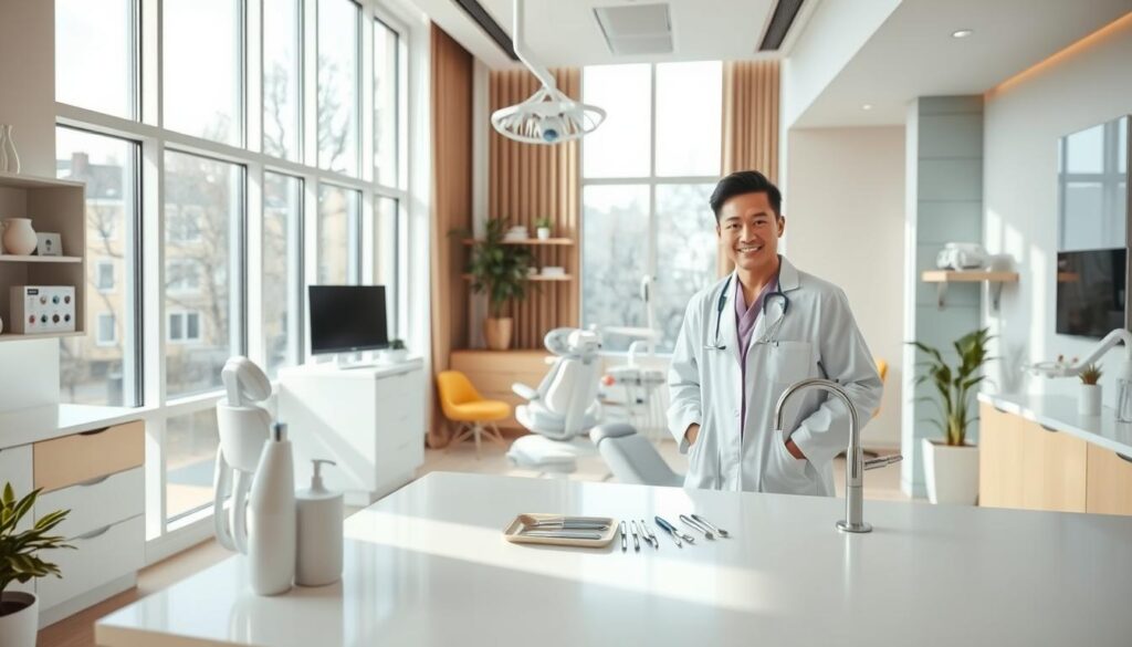 A modern, vibrant dental clinic interior with a warm, inviting atmosphere. In the foreground, a dentist in a white coat and scrubs stands beside a patient chair, showcasing dental hygiene products. The middle ground features an array of dental tools and equipment, neatly organized on a clean, minimalist countertop. In the background, large windows allow natural light to flood the space, creating a sense of openness and wellness. The walls are adorned with soothing pastel tones, complemented by tasteful decor elements that reinforce the clinic's professionalism and attention to detail. Overall, the scene conveys a contemporary, high-quality dental experience that inspires confidence and care.