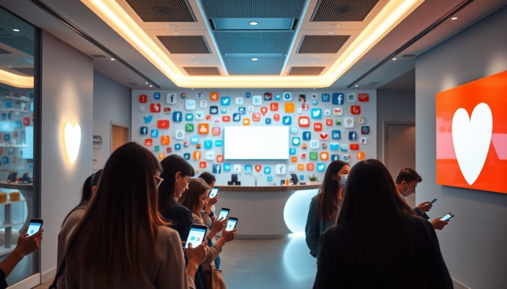 A modern, vibrant dental clinic set against a backdrop of social media platforms. In the foreground, a group of patients engaged on their smartphones, their faces lit by the warm glow of the screen. The middle ground features a sleek, minimalist reception area with a prominent social media display, showcasing the clinic's online presence. In the background, a collage of social media icons and logos creates a dynamic, tech-savvy atmosphere. The lighting is soft and natural, highlighting the clinic's welcoming and professional ambiance. The overall composition conveys the importance of digital engagement and social media connectivity in the world of modern dentistry.