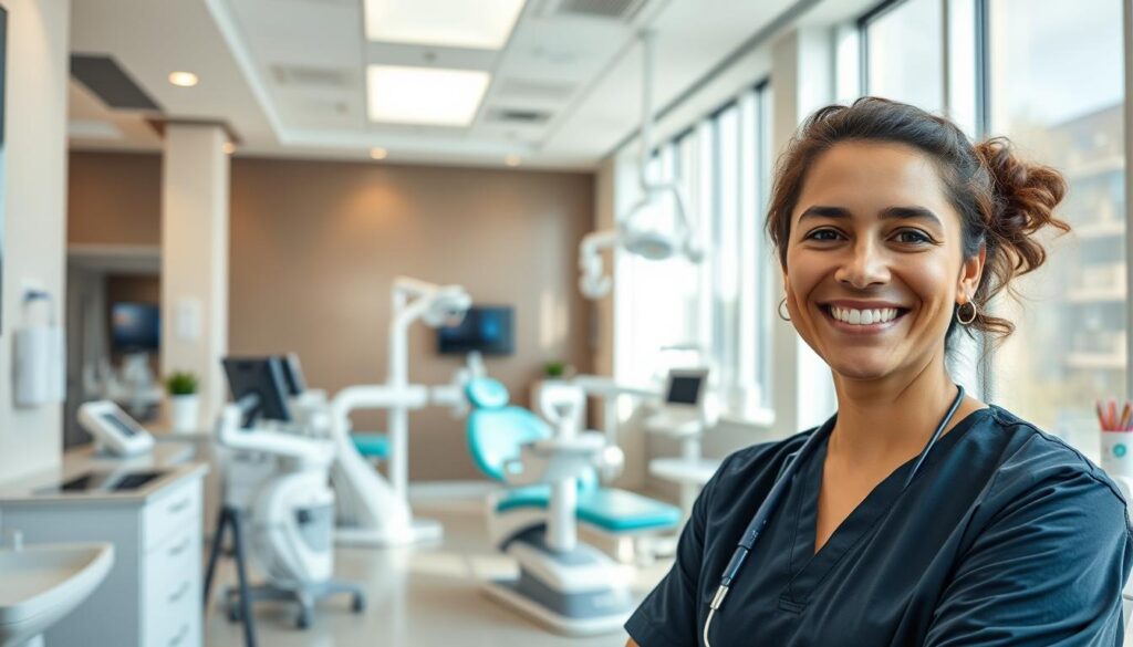 A modern, vibrant dental clinic with an inviting, professional atmosphere. In the foreground, a smiling dentist greets patients warmly, conveying a sense of care and expertise. The middle ground showcases state-of-the-art dental equipment and technology, reflecting the clinic's commitment to providing exceptional patient care. In the background, clean, well-lit spaces with sleek, minimalist designs create a calming, spa-like environment. Soft, natural lighting from large windows illuminates the scene, enhancing the clinic's aura of professionalism and trustworthiness. The overall impression is one of a highly visible, reputable dental practice that prioritizes patient satisfaction and clinical excellence.