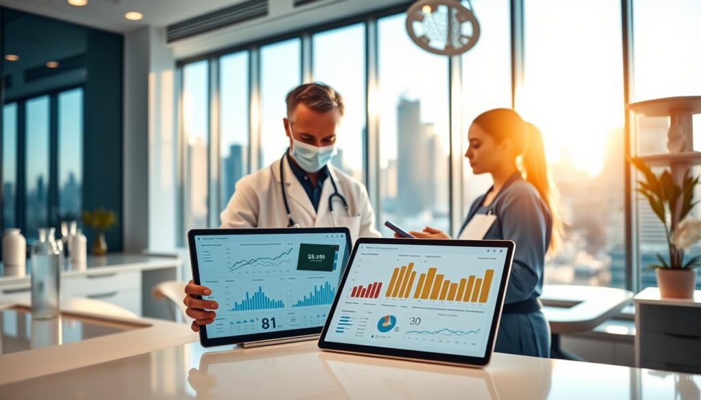 A modern, vibrant dental clinic with sleek, minimalist interior design. In the foreground, a close-up of a tablet displaying digital marketing analytics dashboards, charts, and performance metrics. In the middle ground, a dentist and their assistant discussing the results, their expressions focused and engaged. The background features a large window overlooking a bustling city skyline, bathed in warm, golden afternoon light. The overall mood conveys a sense of professional success, technological innovation, and a thriving digital marketing strategy for the dental practice.