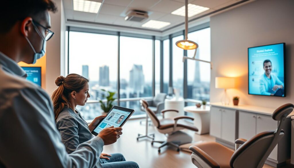 A modern, vibrant dental office interior with warm lighting and clean, minimalist design. In the foreground, a dentist or dental hygienist uses a digital tablet to illustrate dental procedures and treatment options to an attentive patient. In the middle ground, the waiting area features comfortable seating and digital displays showcasing patient testimonials and dental service offerings. The background features large windows overlooking a cityscape, exuding a sense of professionalism and technological sophistication. The overall mood is one of trust, care, and innovation in the dental industry.