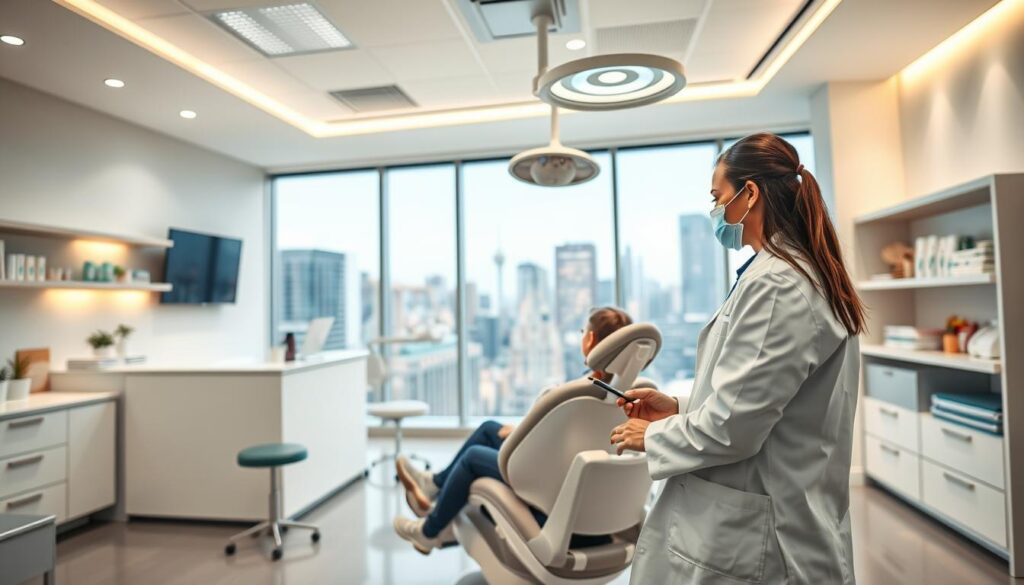 A modern, vibrant medical office interior with a contemporary dental clinic aesthetic. In the foreground, a dentist in a white coat consults with a patient sitting in a sleek, ergonomic dental chair. Soft, indirect lighting from overhead fixtures creates a calming, professional atmosphere. The middle ground features a reception desk with a friendly receptionist, and shelves displaying dental hygiene products. The background showcases large windows overlooking a bustling city skyline, symbolizing the clinic's connection to the digital world of online marketing. Subtle brand elements, such as a logo or accent colors, reinforce the dental practice's digital marketing presence. An overall feeling of approachability, technology, and healthcare expertise pervades the scene.