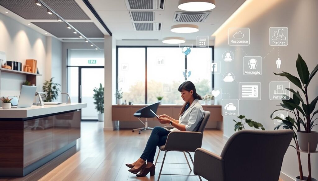 A modern, vibrant omnichannel approach for a dental clinic, showcasing seamless patient experiences across digital and physical touchpoints. In the foreground, a stylish, minimalist dental office reception area with clean lines, natural lighting, and a warm, inviting atmosphere. The middle ground features a tech-savvy patient using a tablet to schedule an appointment, while a dentist consults with another patient on a laptop. In the background, various digital channels are represented, such as a responsive website, social media platforms, and online booking systems, all working together to provide a cohesive, patient-centric experience. The overall scene conveys a sense of efficiency, innovation, and a patient-first mindset in the modern dental industry.