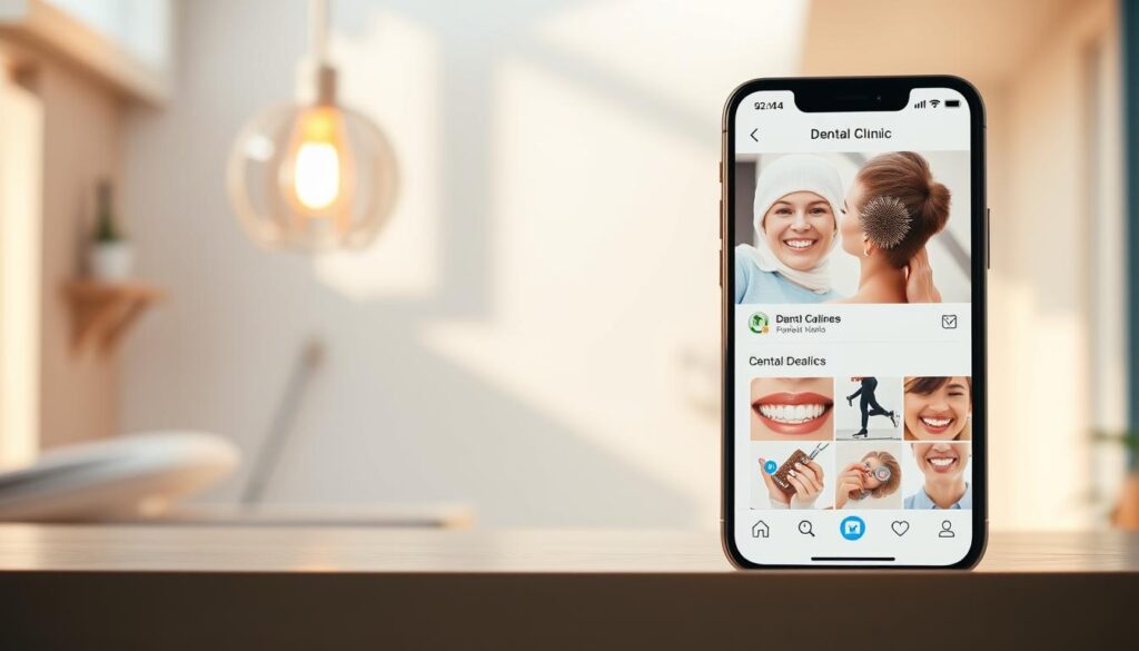 A modern, vibrant social media interface for a dental clinic, featuring clean typography, minimalist design, and engaging visual elements. The foreground showcases a crisp, minimalist feed of dental-related content, with clear navigation icons and seamless functionality. The middle ground depicts a cohesive brand identity, with the clinic's logo prominently displayed and complementary color palettes. The background subtly incorporates dental-themed imagery, such as dental tools, tooth silhouettes, or patients' smiles, creating a visually appealing and professional aesthetic. Warm, natural lighting illuminates the scene, lending a welcoming and trustworthy atmosphere. The overall composition conveys the power of social media to elevate a dental clinic's online presence and connect with its patients in an engaging, modern way.