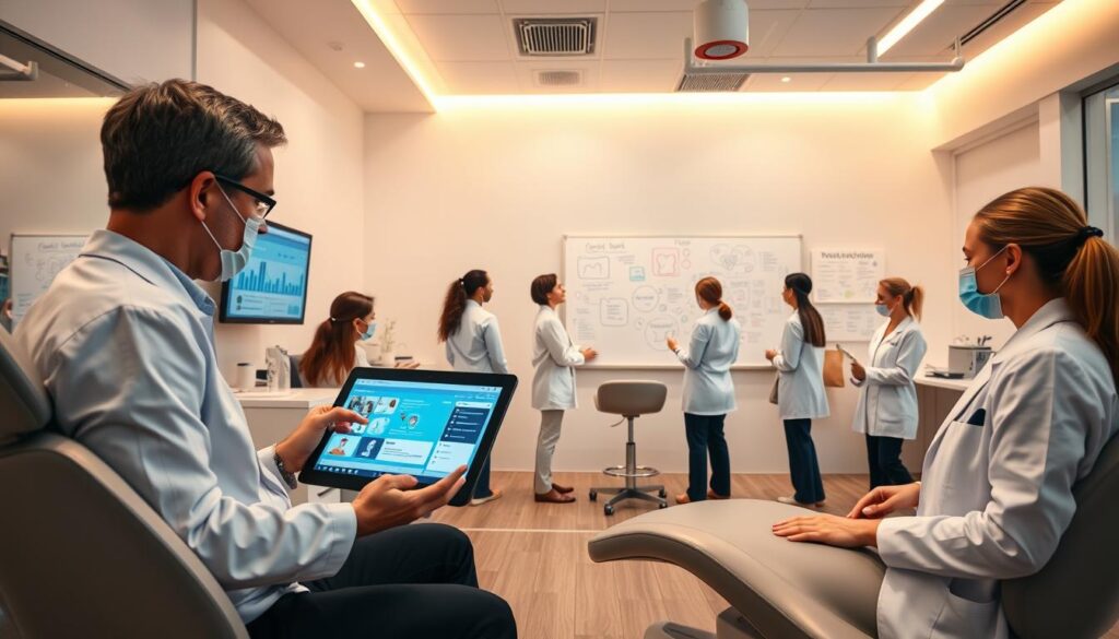 A modern, visually engaging dental clinic with sleek, minimalist decor. In the foreground, a dentist consults with a patient on a tablet, discussing digital marketing strategies. The middle ground features a computer screen displaying social media platforms and digital marketing analytics. In the background, a team of dental professionals collaborates on a marketing campaign, brainstorming ideas on a large whiteboard. Warm, directional lighting creates a professional, forward-thinking atmosphere. Shot with a wide-angle lens to capture the depth and dynamism of the scene.