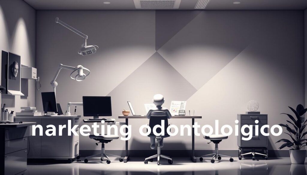 A modern, visually striking image depicting "normas CFO marketing odontológico" that reflects the article's subject and section title. The foreground shows a dentist's office with medical equipment, desk, and computer. In the middle ground, a CFO figure sits at the desk, surrounded by financial documents and charts. The background features abstract geometric shapes and patterns in a subdued color palette, suggesting the professional, strategic nature of dental marketing. The lighting is soft and directional, creating depth and drama. The overall mood is one of clinical efficiency, thoughtful planning, and a touch of visual sophistication.
