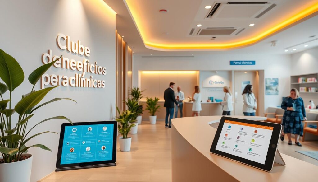 A modern, welcoming clinic interior with a large "Clube de benefícios para clínicas" sign prominently displayed. The waiting area features comfortable seating, lush potted plants, and warm lighting. In the foreground, a receptionist desk with a tablet showcasing various membership and loyalty program details. The middle ground shows patients interacting with staff, discussing benefits. The background depicts a clean, minimalist design with accents of the clinic's brand colors. An inviting, professional atmosphere that conveys a sense of community and patient-centric care.
