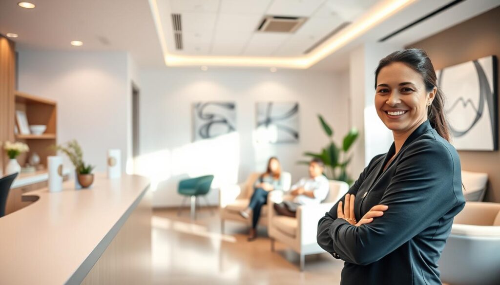 A modern, welcoming dental clinic interior with a warm, friendly atmosphere. In the foreground, a smiling receptionist greets patients with a gentle, caring demeanor, reflecting the clinic's commitment to "atendimento humanizado". In the middle ground, patients sit comfortably in plush chairs, relaxed and at ease. The background features soft, natural lighting, soothing earth-toned decor, and calming artwork, creating an inviting, spa-like ambiance. The overall scene conveys a holistic, patient-centric approach to dental care, where the human connection is as important as the clinical expertise.