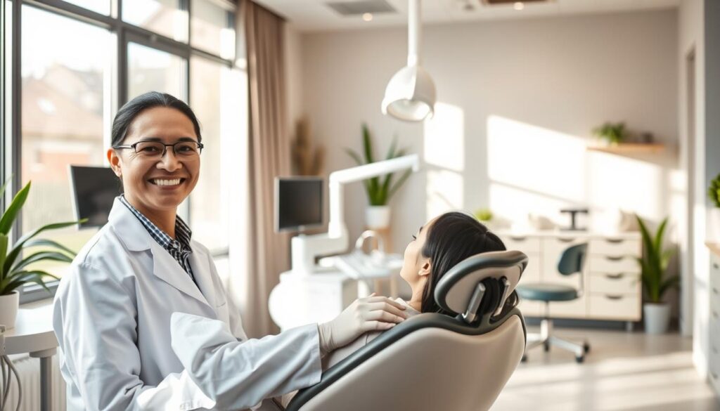 A modern, welcoming dental clinic interior with natural lighting filtering through large windows. In the foreground, a friendly dentist in a white coat smiles warmly while assisting a relaxed patient in a comfortable dental chair. The middle ground showcases state-of-the-art equipment and tools, conveying professionalism and high-quality care. In the background, soothing pastel colors, minimalist decor, and subtle nature-inspired accents create a calming, spa-like atmosphere that puts the patient at ease. An atmosphere of trust, compassion, and clinical excellence permeates the scene.